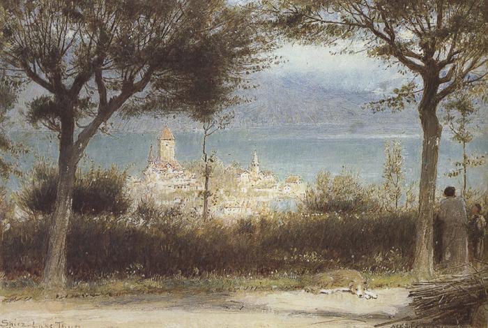 Albert goodwin,r.w.s The Town of Spiez on Lake Thun,Switzerland (mk37) oil painting picture